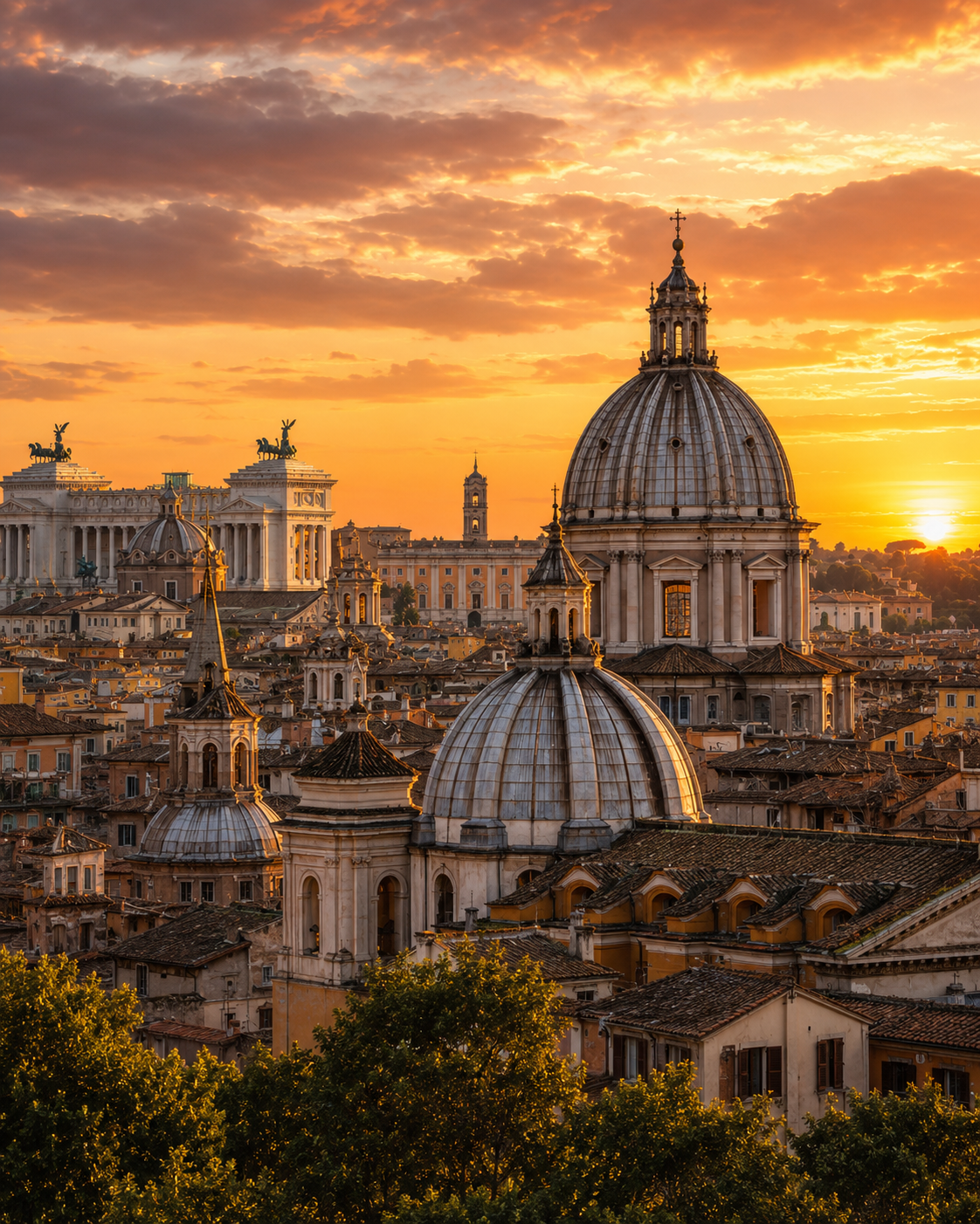 Rome rooftops and baroque domes glowing at sunset, Italy