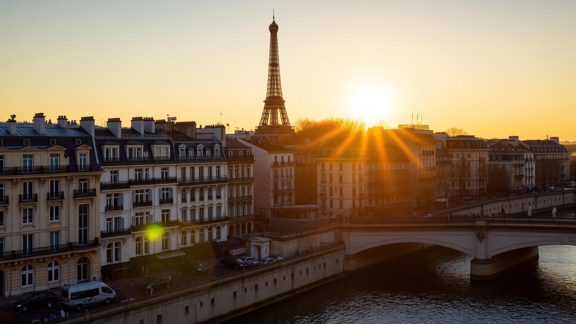 The Eiffel Tower and Paris skyline at golden hour along the Seine, France
