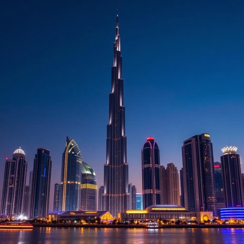 Dubai skyline at blue hour featuring the Burj Khalifa and Marina lights, UAE