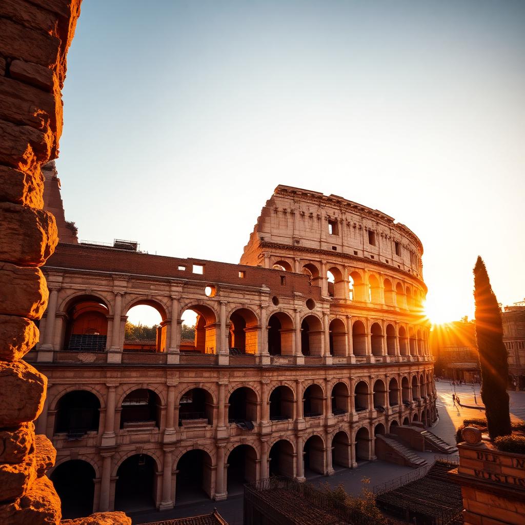 The Colosseum bathed in golden-hour sunlight, Rome, Italy