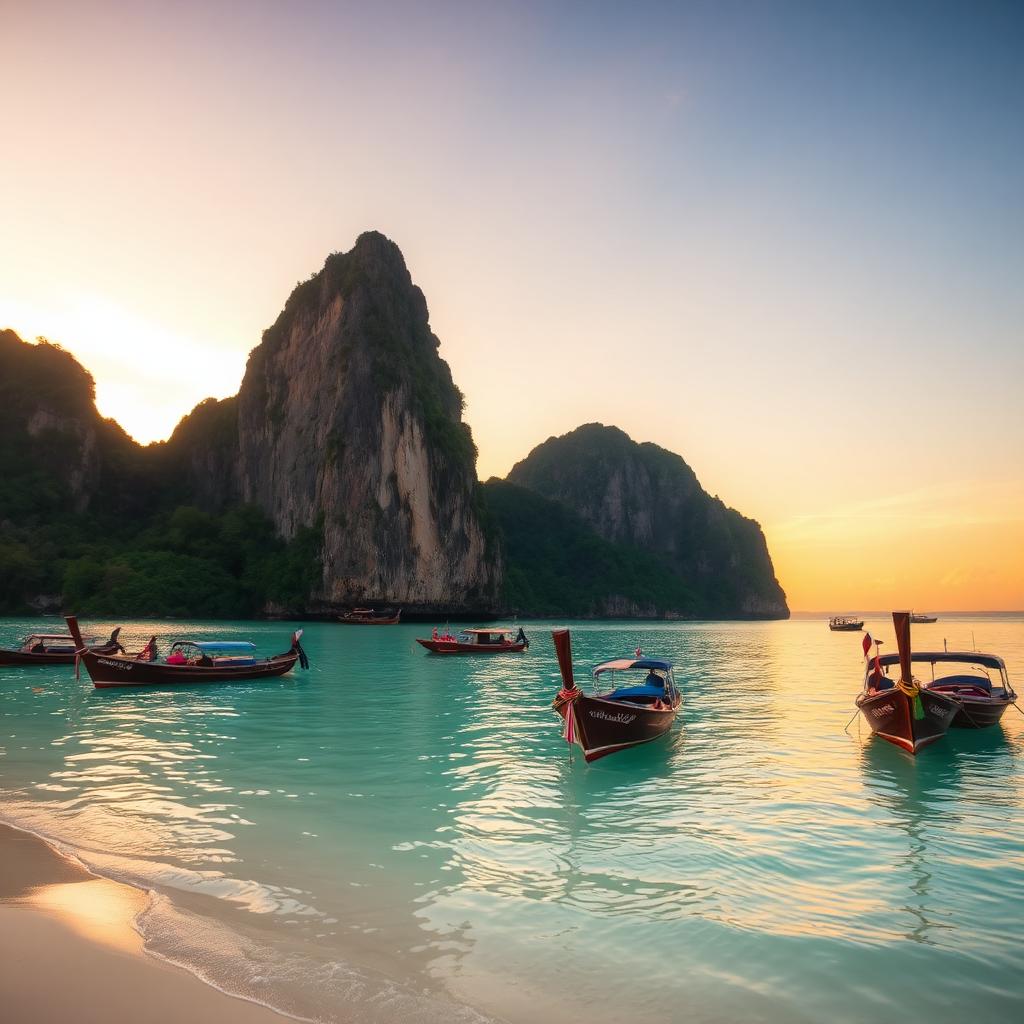 Longtail boats moored in turquoise water beneath limestone cliffs at sunset, Phuket, Thailand