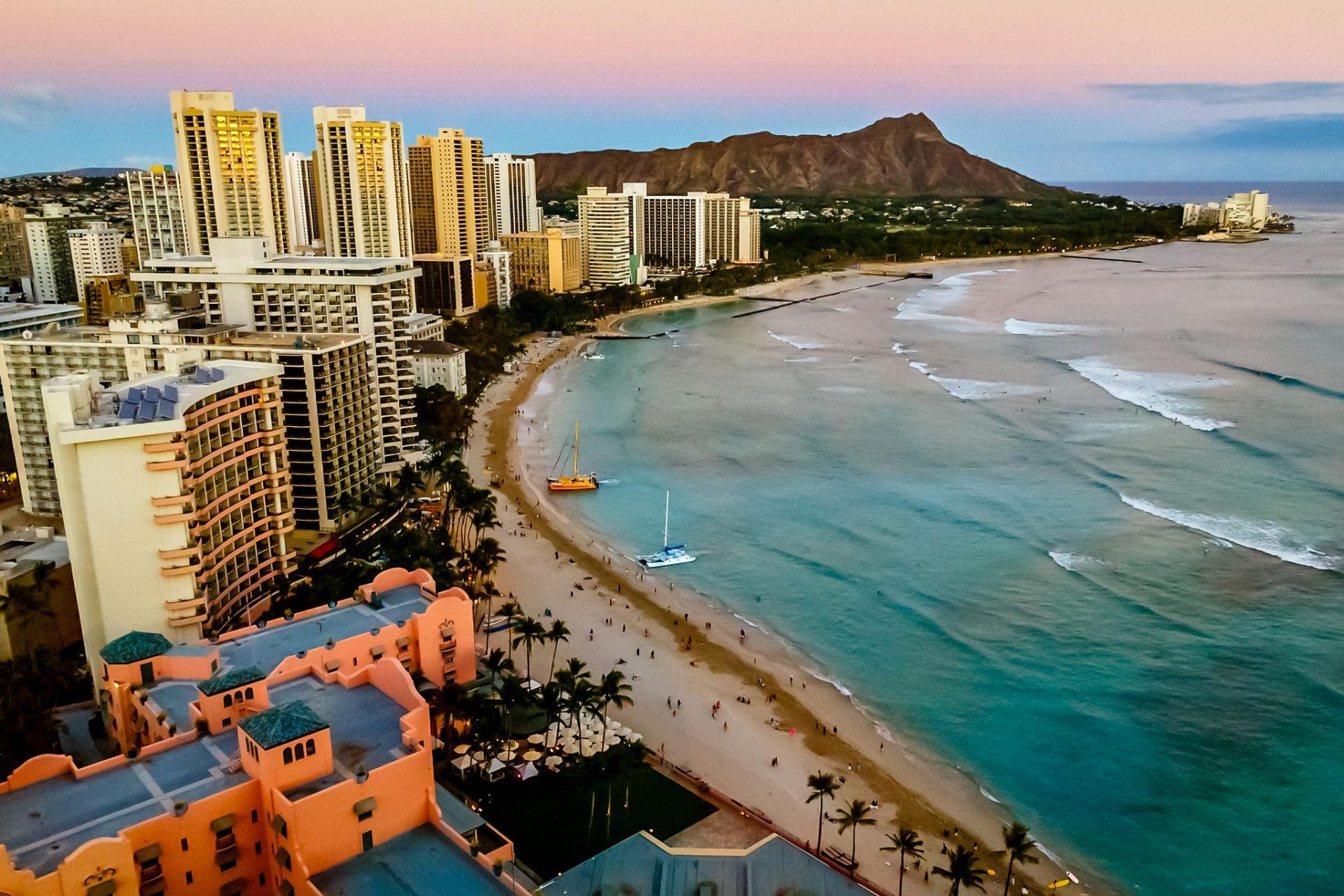 Waikiki Beach with Diamond Head at sunset, Honolulu