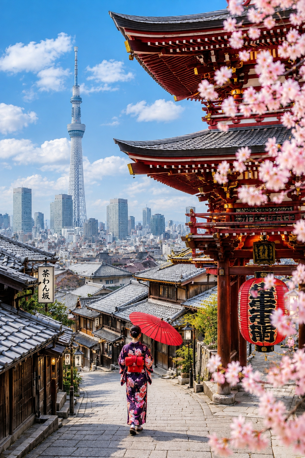 Historic street with cherry blossoms and the Tokyo Skytree beyond, Tokyo, Japan