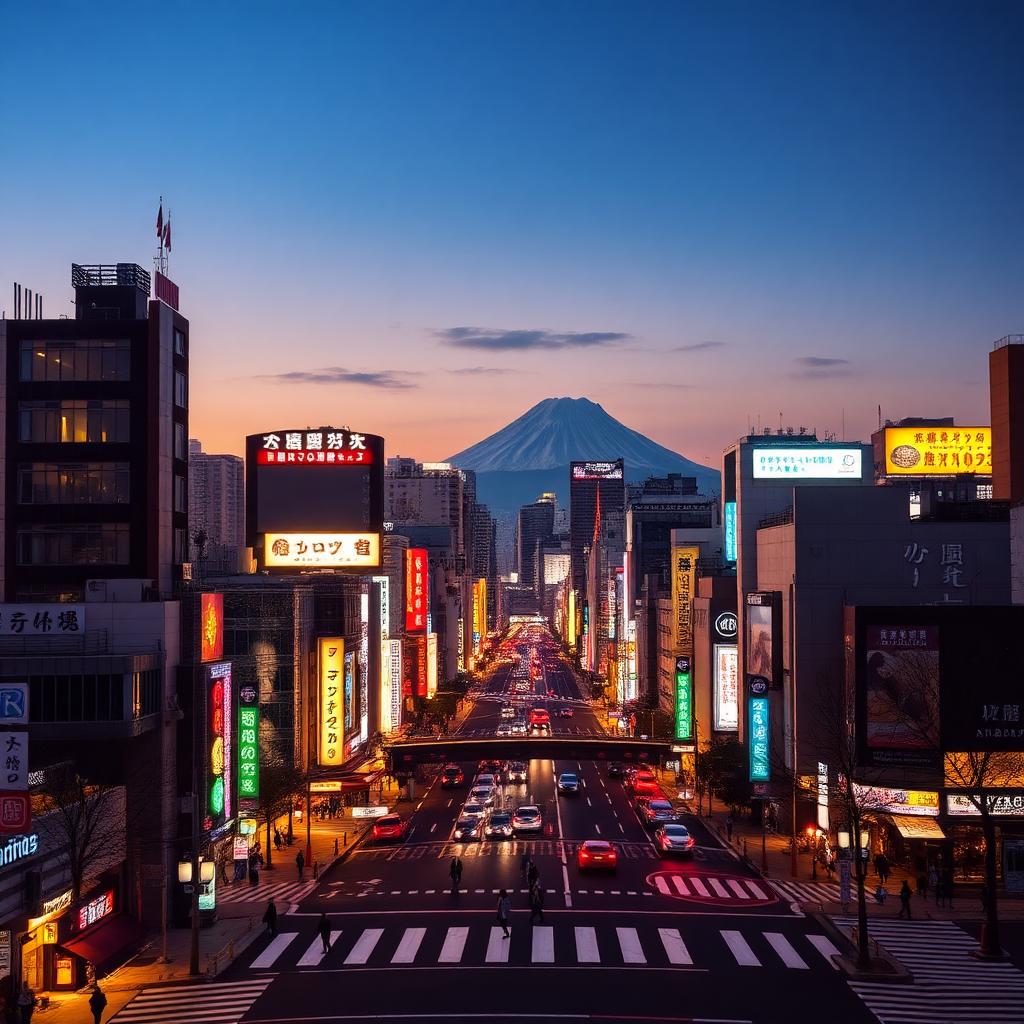 Tokyo skyline at dusk with neon signs and Mount Fuji in the distance, Japan