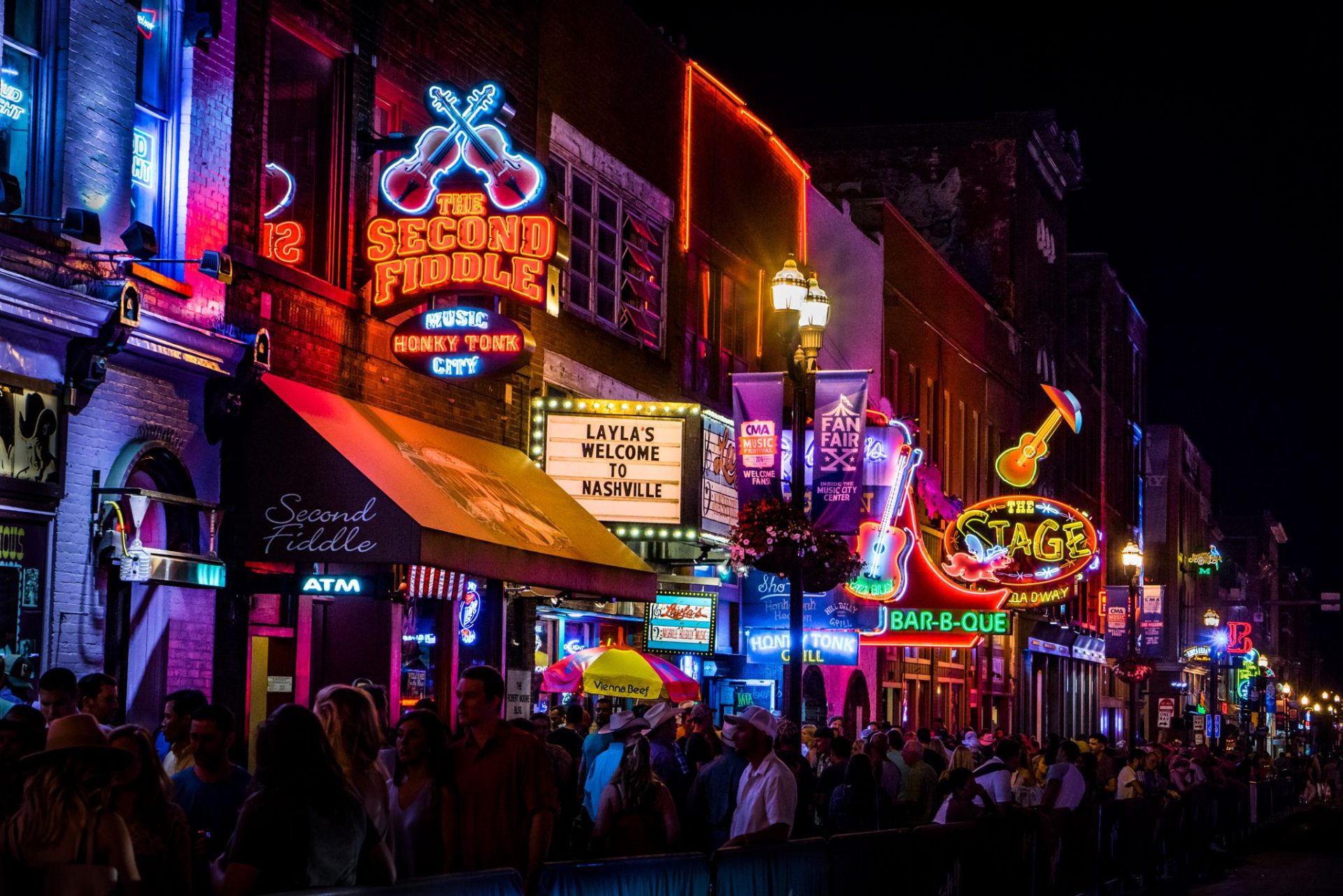 Broadway nightlife with neon honky-tonk lights, Nashville