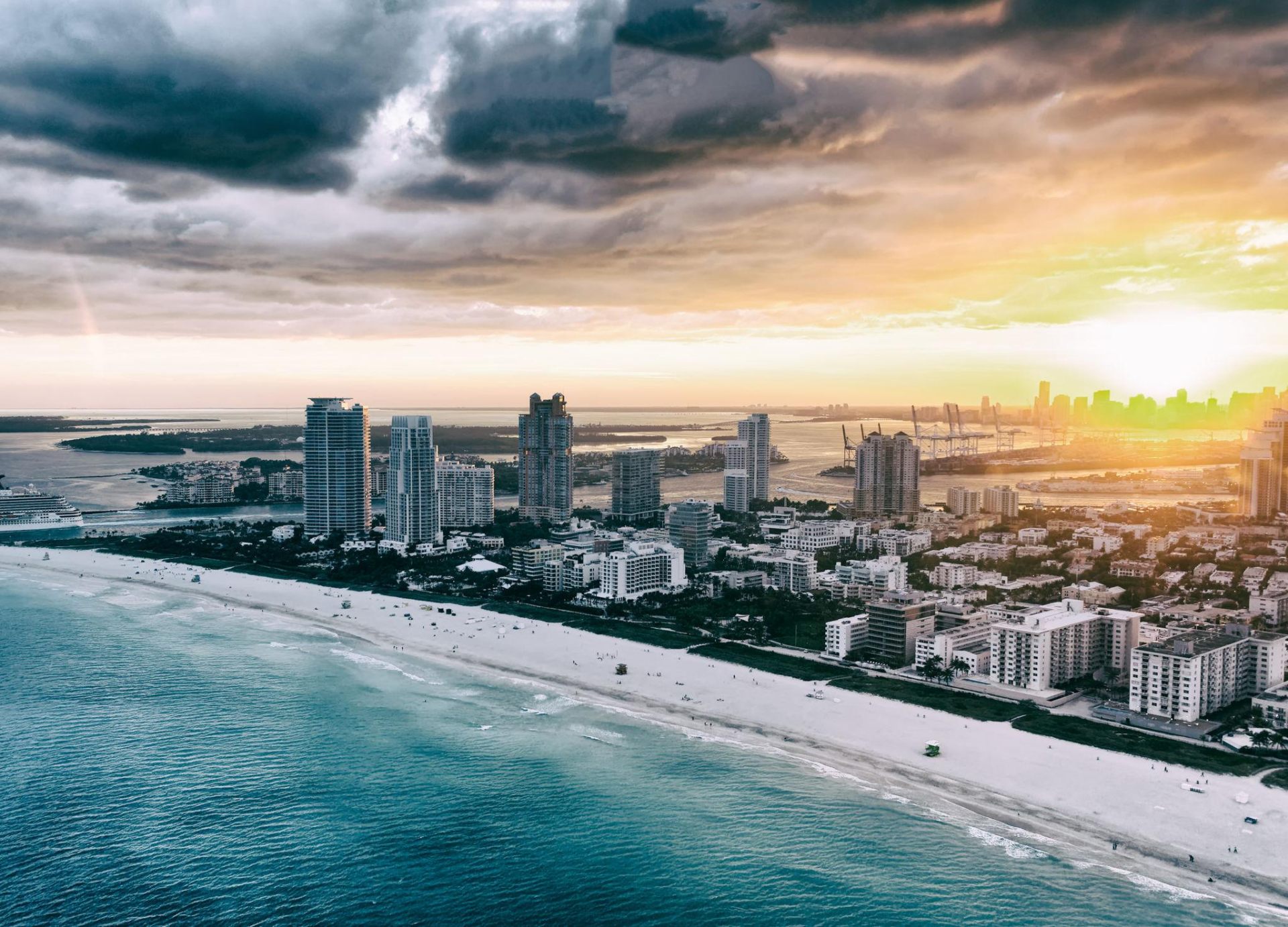 South Beach aerial view with turquoise water and palm trees, Miami