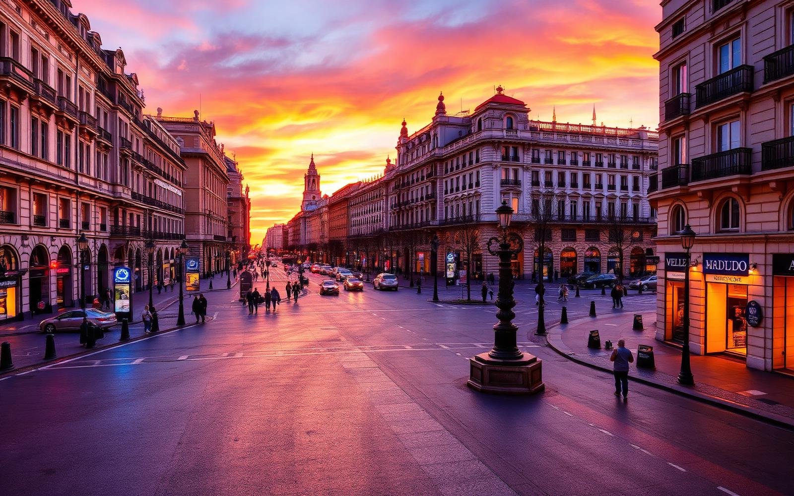 Gran Vía at sunset with historic architecture and warm golden light, Madrid, Spain