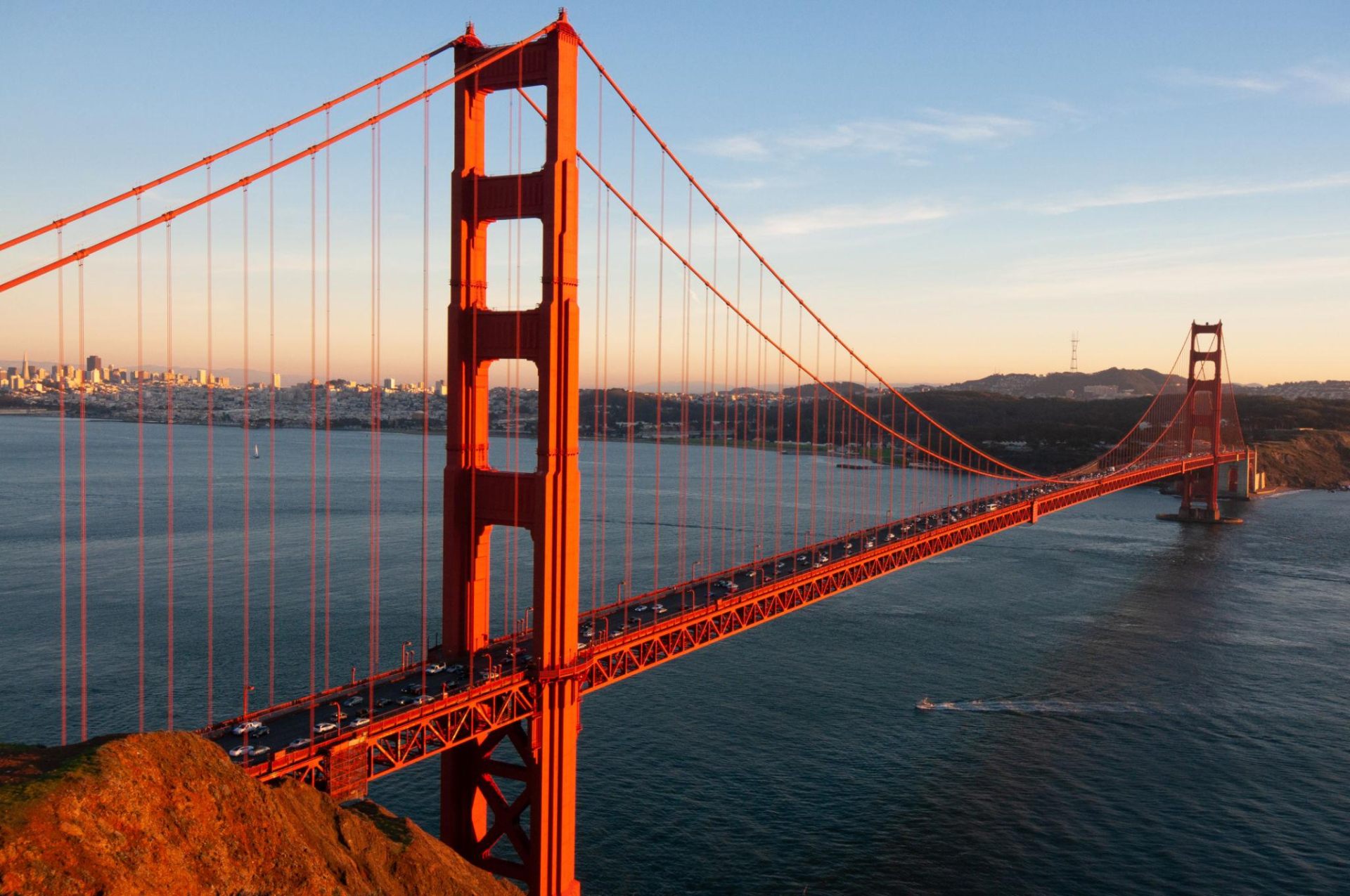 Golden Gate Bridge from the Marin Headlands at sunset, San Francisco