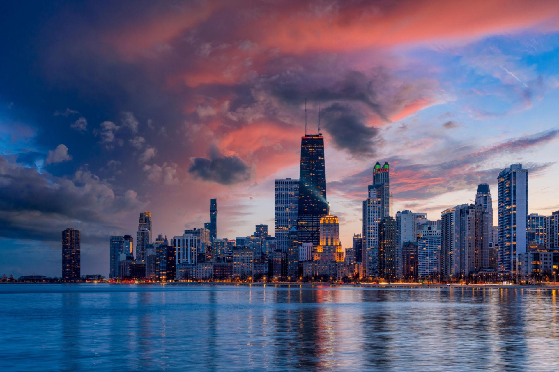 Chicago skyline from Lake Michigan at blue hour