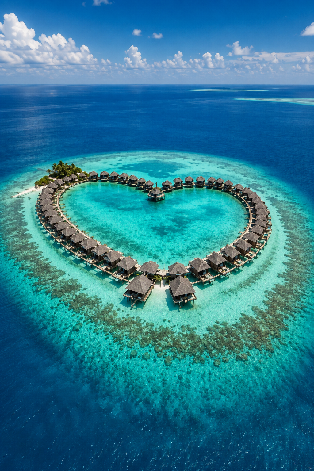 Aerial view of a heart-shaped overwater villa resort in turquoise lagoon, Maldives