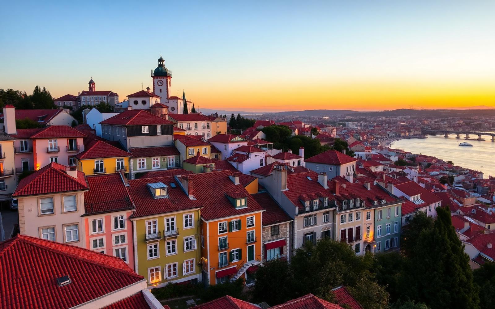 Colorful hillside neighborhood of Lisbon overlooking the Tagus river at sunset, Portugal