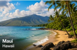 Maui beach with turquoise water, palm trees, and mountains, Hawaii