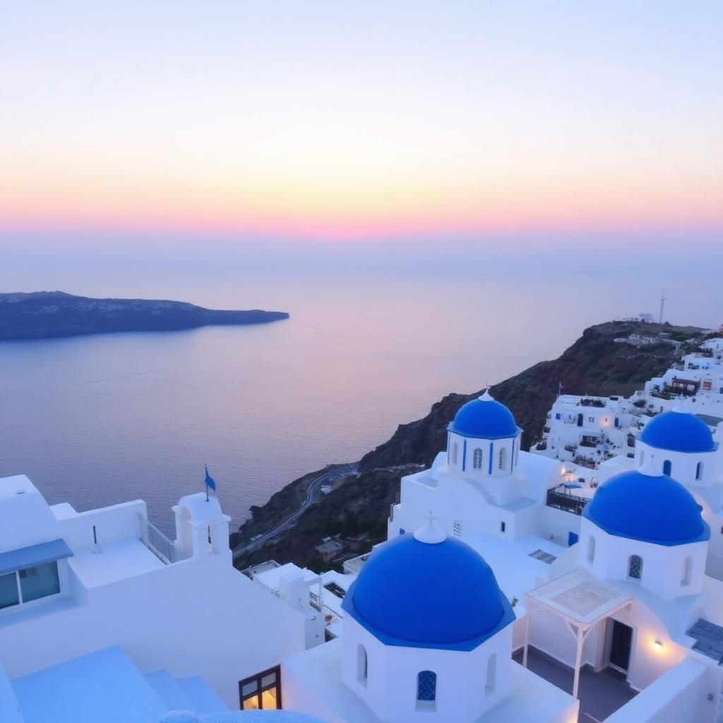 Whitewashed cliffside villages with blue-domed churches over the Aegean Sea at sunset, Santorini, Greece
