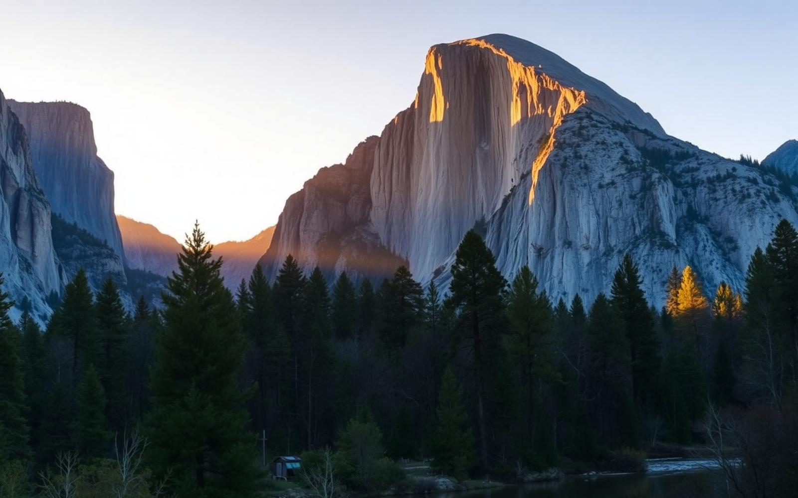 El Capitan and Half Dome with golden alpenglow above Yosemite Valley at sunset