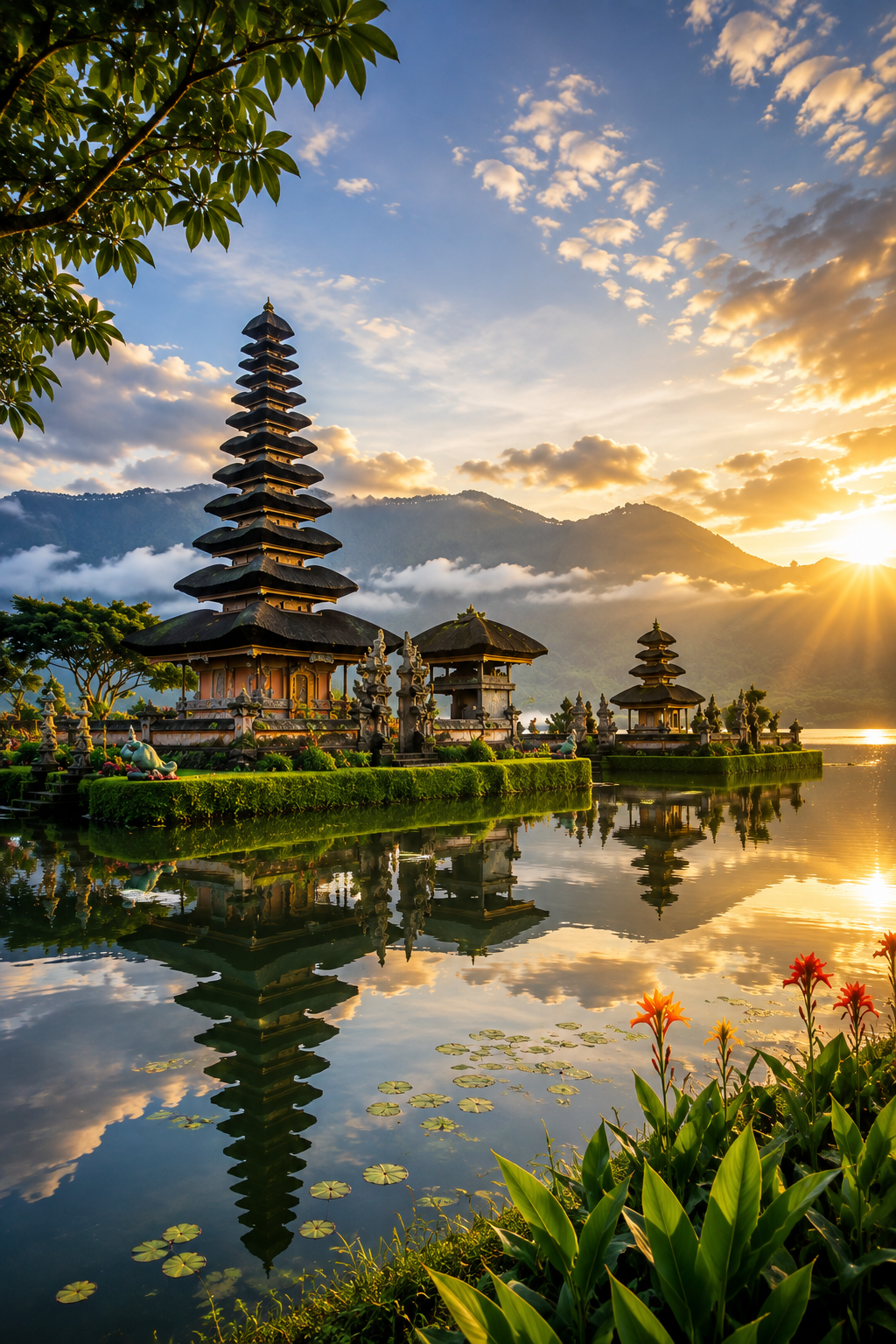 Lakeside temple at sunrise with mountains and lotus pads, Bali, Indonesia